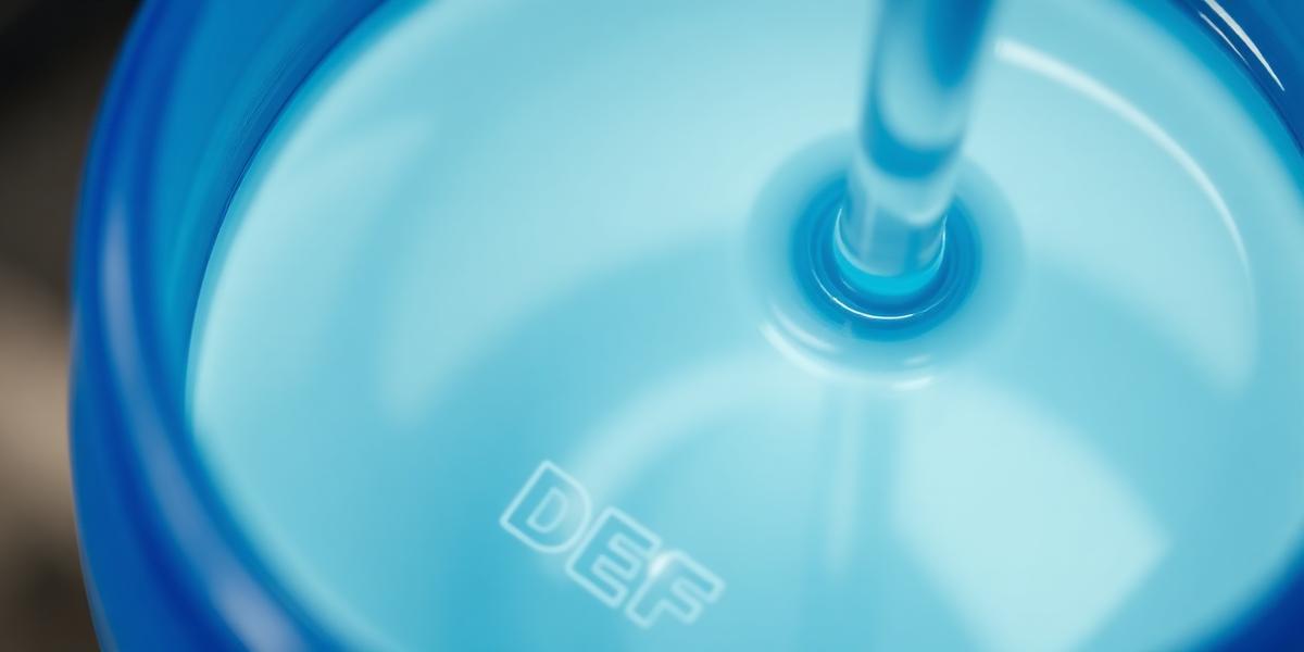 Clear diesel exhaust fluid inside a blue industrial container